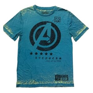 Marvel Avengers‎ Age of Ultron Graphic T-Shirt Teal Blue Acid Wash Mens Small S